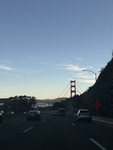 Driving toward the Golden Gate Bridge at dusk