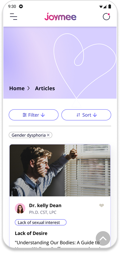 Articles screen with filter and sort controls and an article card credited to a licensed therapist.