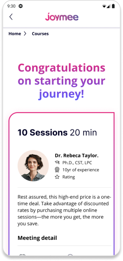 Booking confirmation reading Congratulations on starting your journey, with a 10-session package and the therapist's credentials.