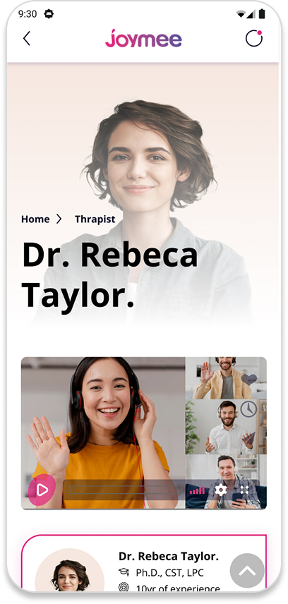 Therapist profile with a large portrait, intro video and credentials.