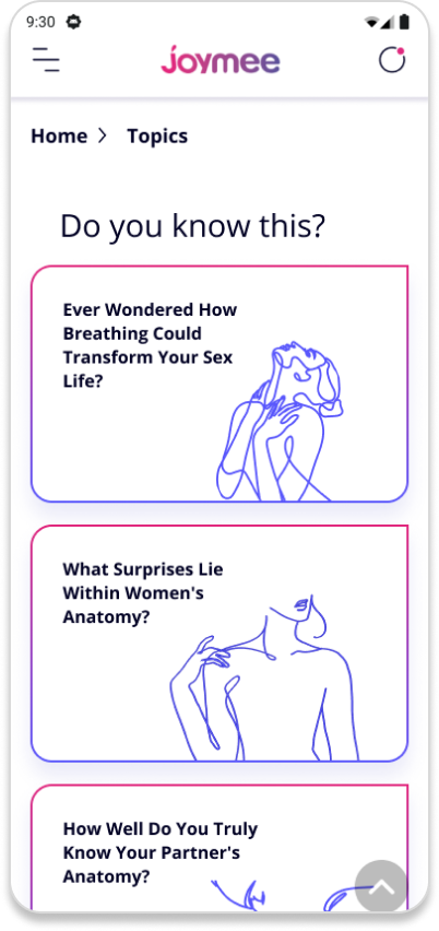 Topics screen with illustrated question cards such as how breathing could transform your sex life.