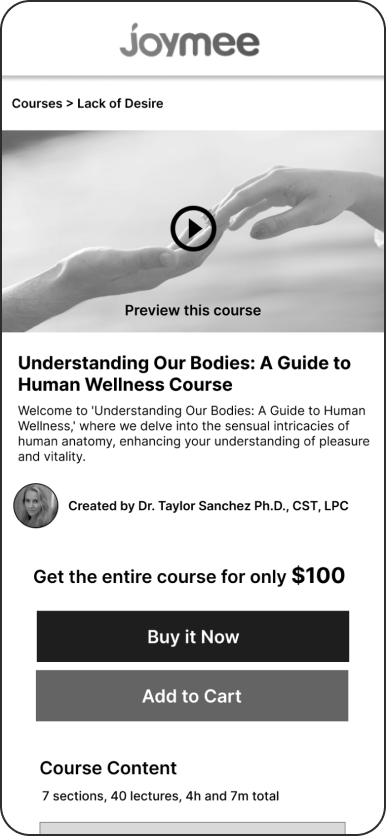 Wireframe of a course page with a preview video, instructor, price and Buy It Now and Add to Cart buttons.