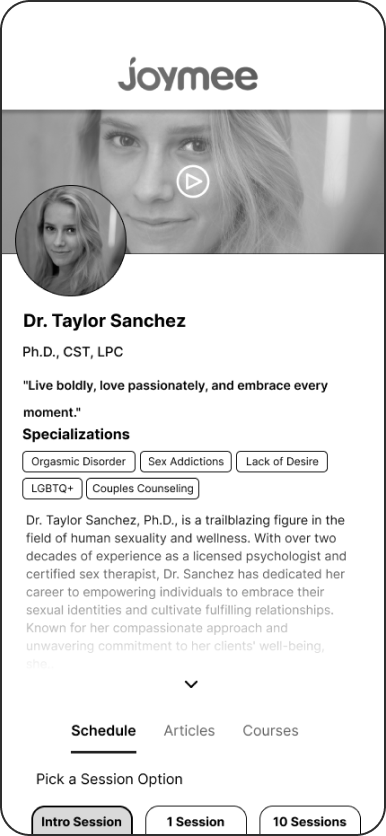 Wireframe of a therapist profile with intro video, credentials, specializations, bio and session options.
