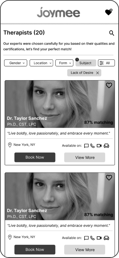 Wireframe of the therapist list with filters and therapist cards showing match percentage, availability and Book Now.