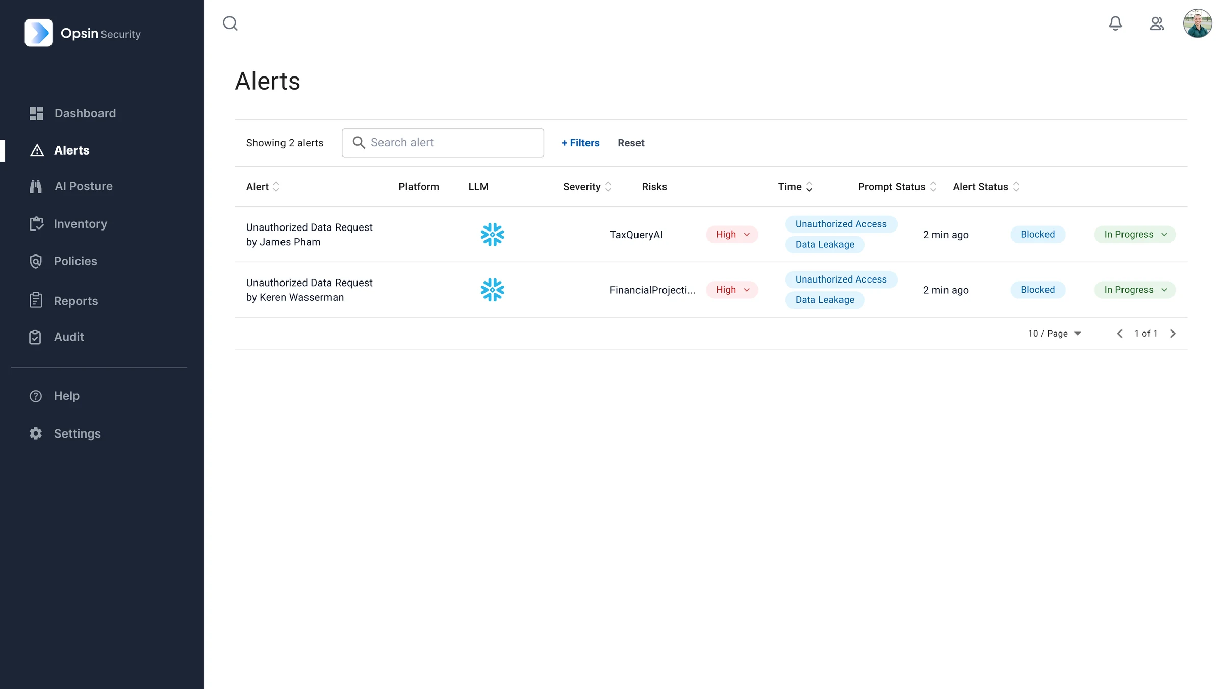 High-fidelity alerts list with two unauthorized data requests. An overlay then shows the unauthorized data request: overview, violated policy, actor, the prompt and the blocked response, with Create a ticket and Suggested actions.