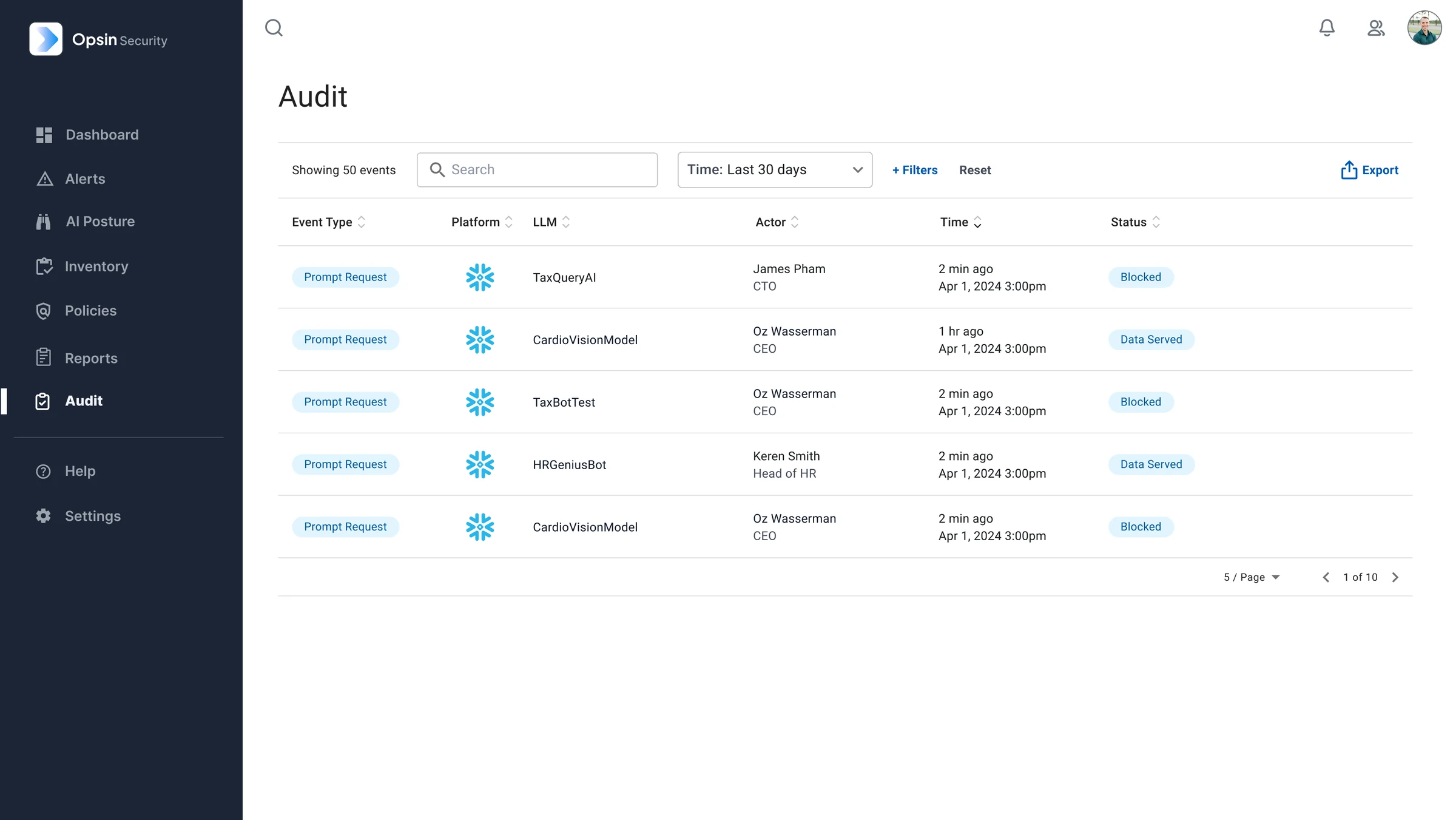 High-fidelity audit log of prompt requests by actor, platform, LLM and status. An overlay then shows a single prompt request: platform, LLM, status, actor, violated policy, risks, and the request and response.