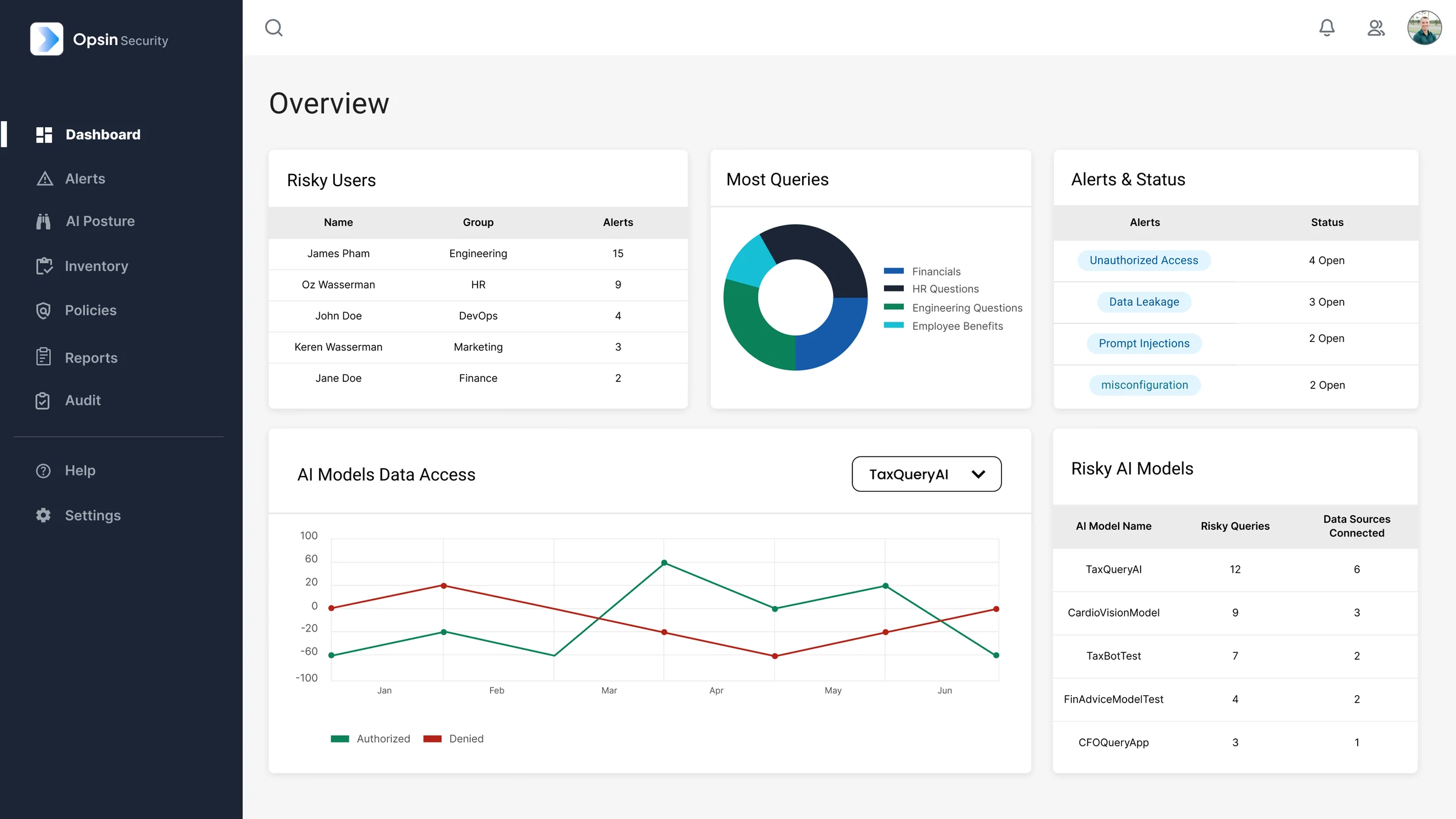 High-fidelity dashboard with risky users, most queries donut chart, alerts and status, AI models data access chart and risky AI models.