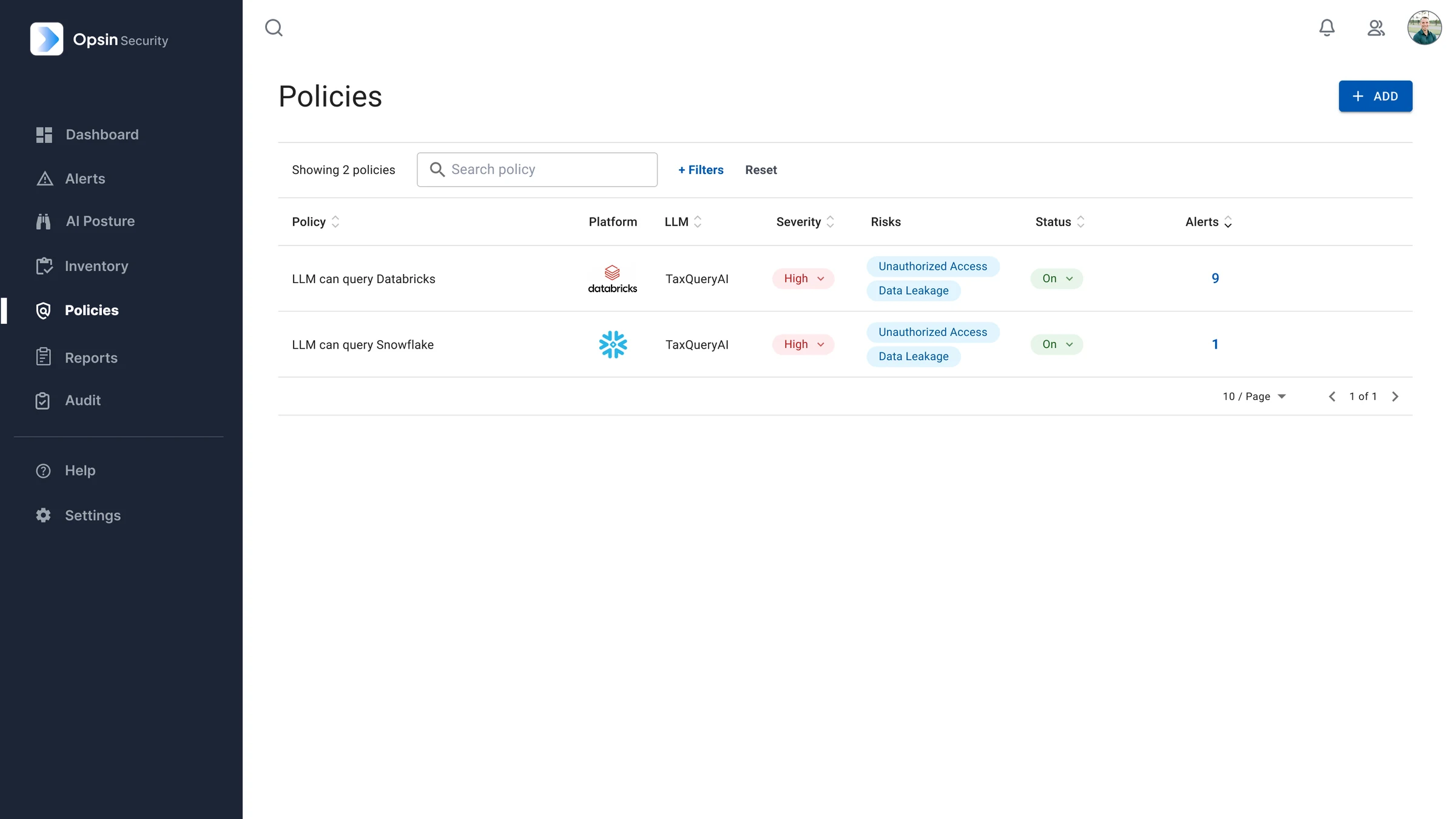 High-fidelity policies list for Databricks and Snowflake. An overlay then shows the LLM can query Snowflake policy: description, potential impact, status, severity, risks and the if/when/then policy logic.