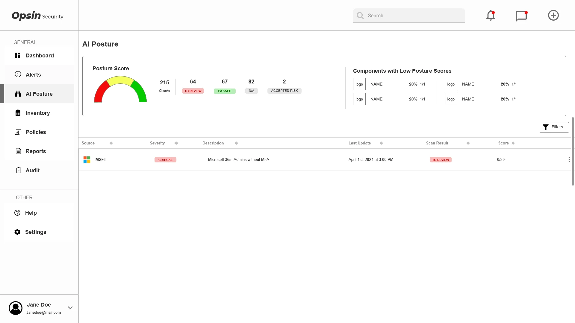AI posture wireframe with a posture score gauge, counts by status and a list of components with low posture scores.