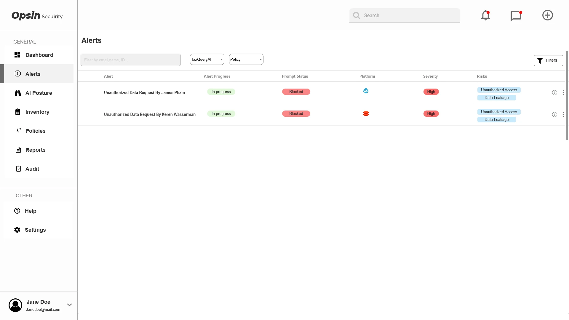 Alerts wireframe listing unauthorized data requests with progress, prompt status, platform, severity and risk tags.