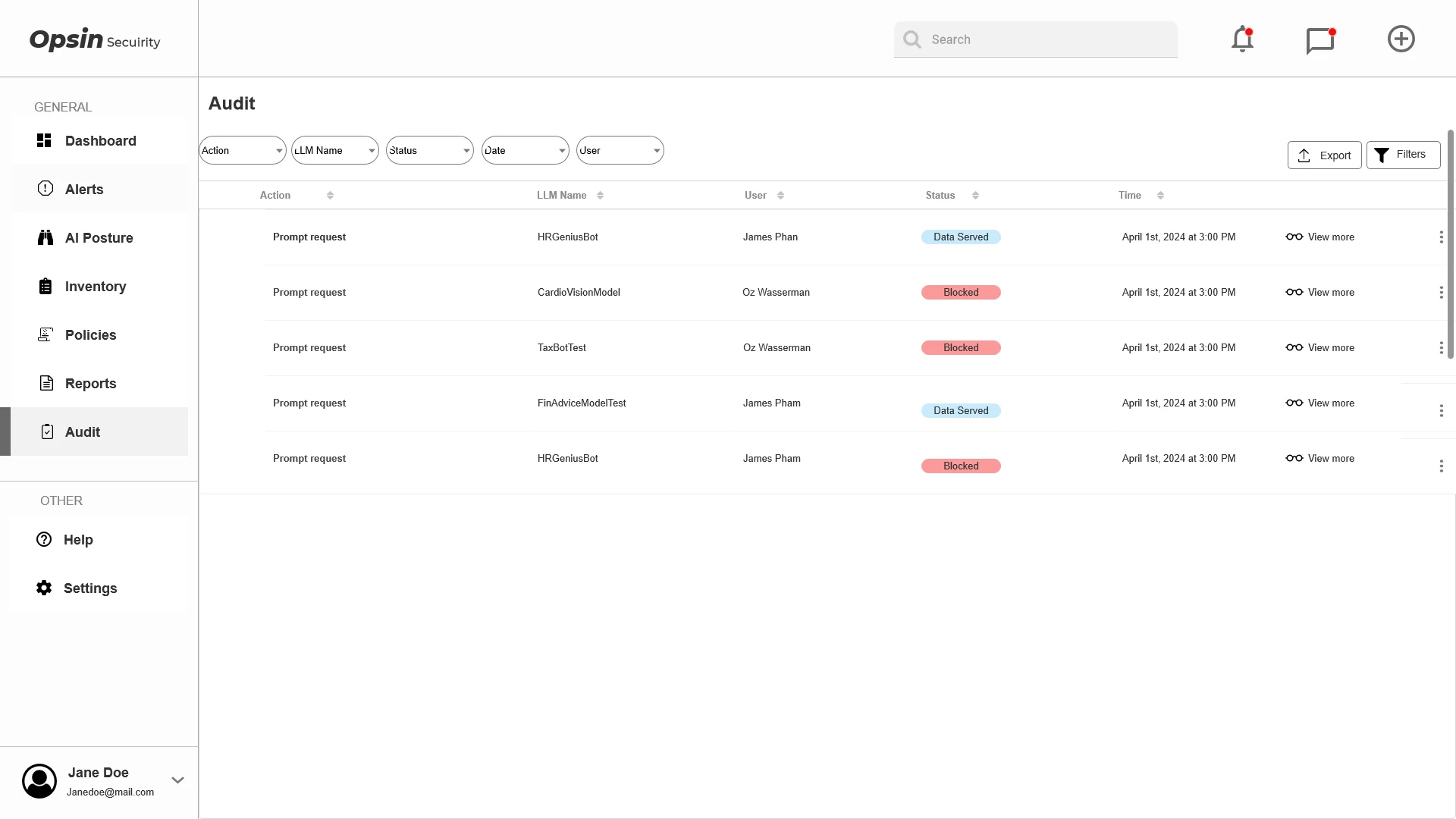 Audit log wireframe listing prompt requests with LLM name, user, status and time.