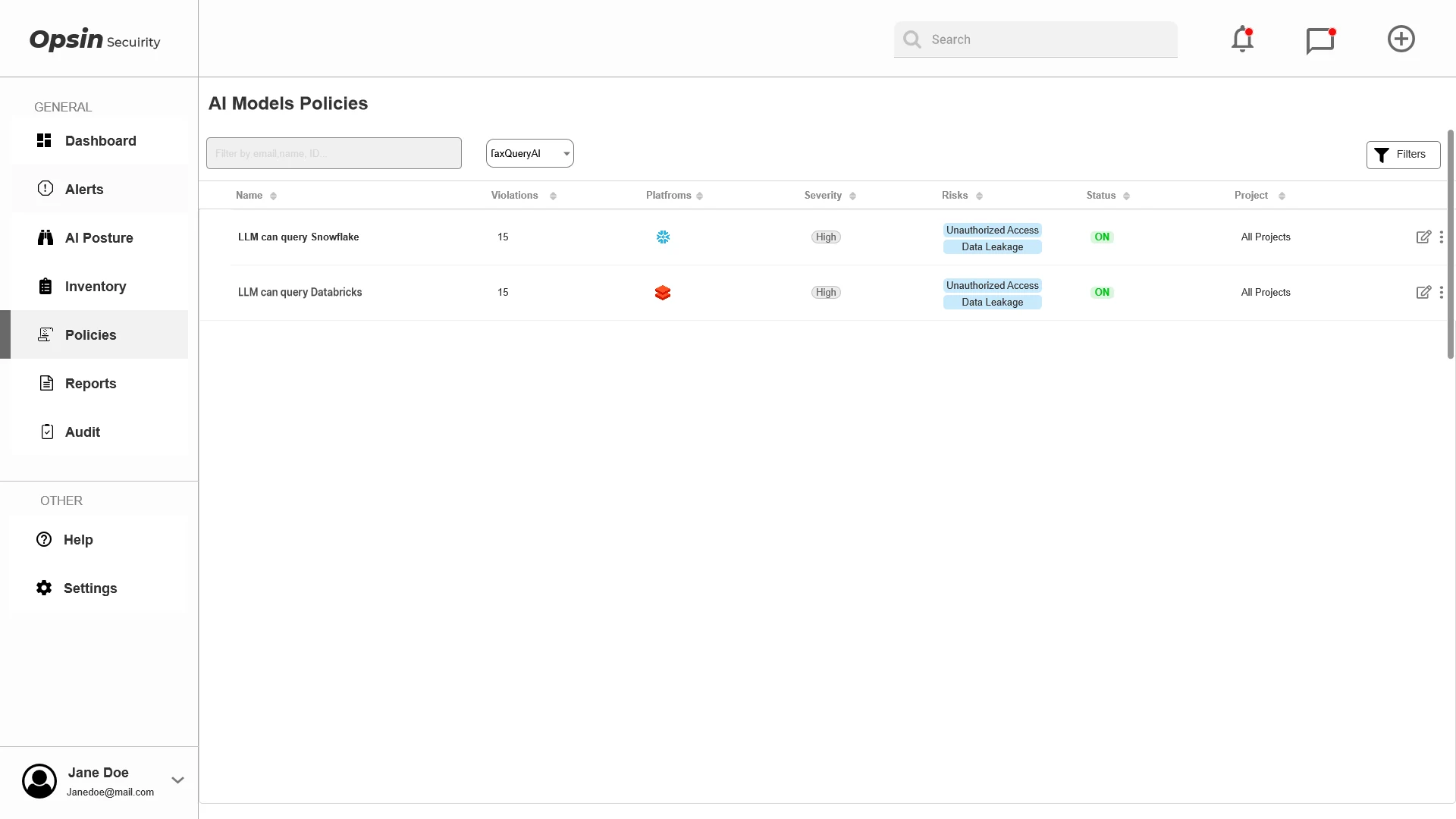 AI model policies wireframe listing policies with violations, platform, severity, risks, status and project.