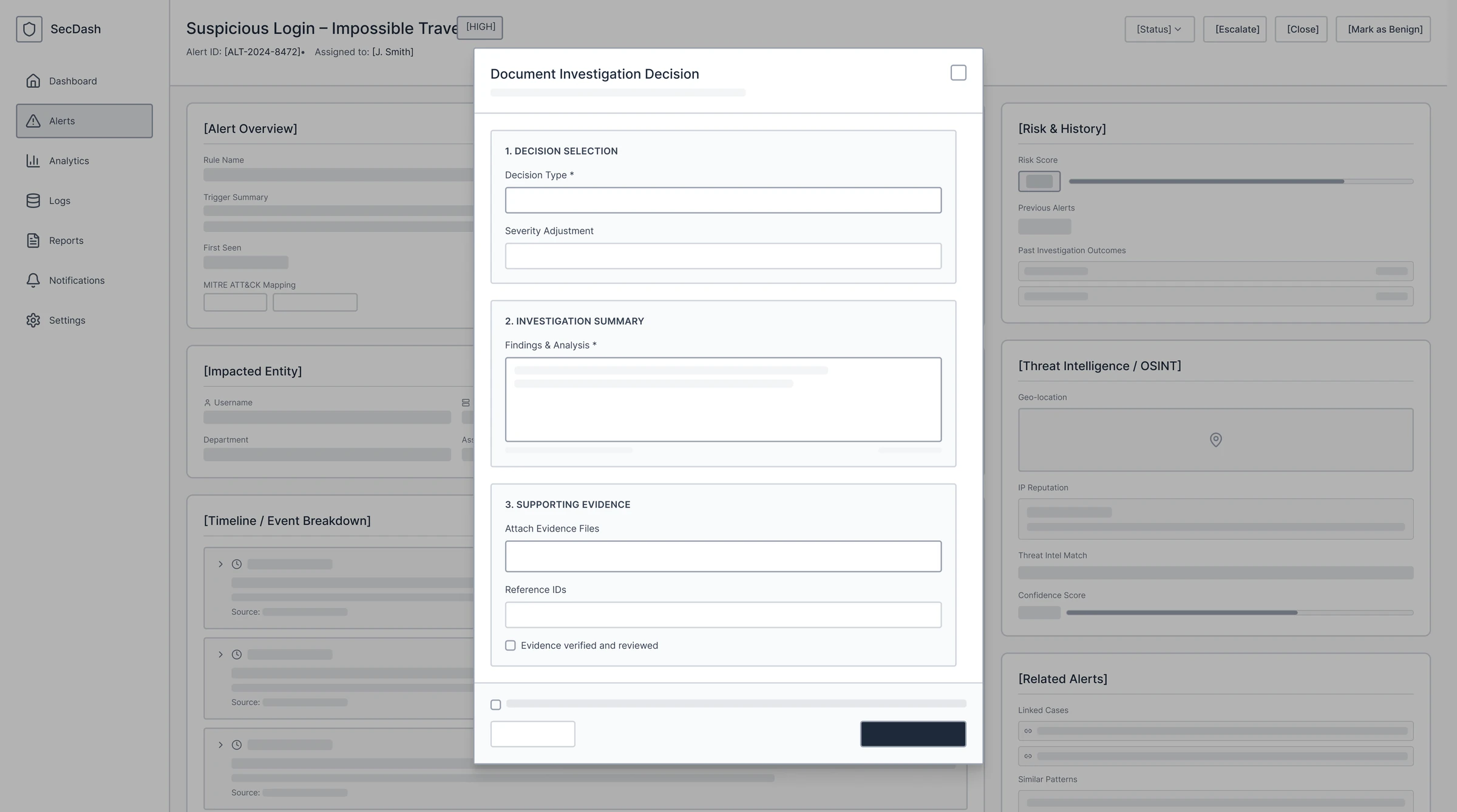Escalation wireframe: a Document Investigation Decision modal with decision selection, investigation summary and supporting evidence sections over the alert detail page.